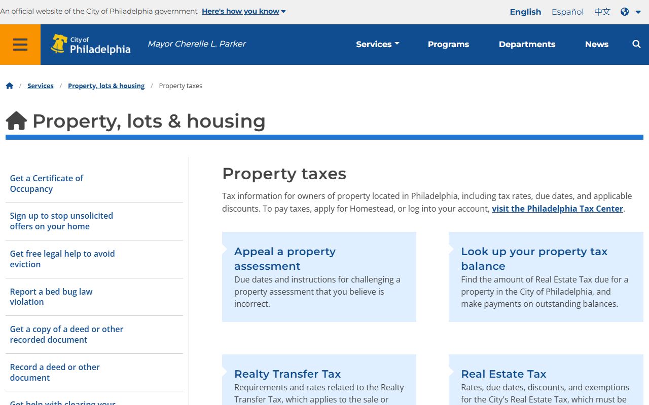 Philadelphia County property tax services page at phila.gov