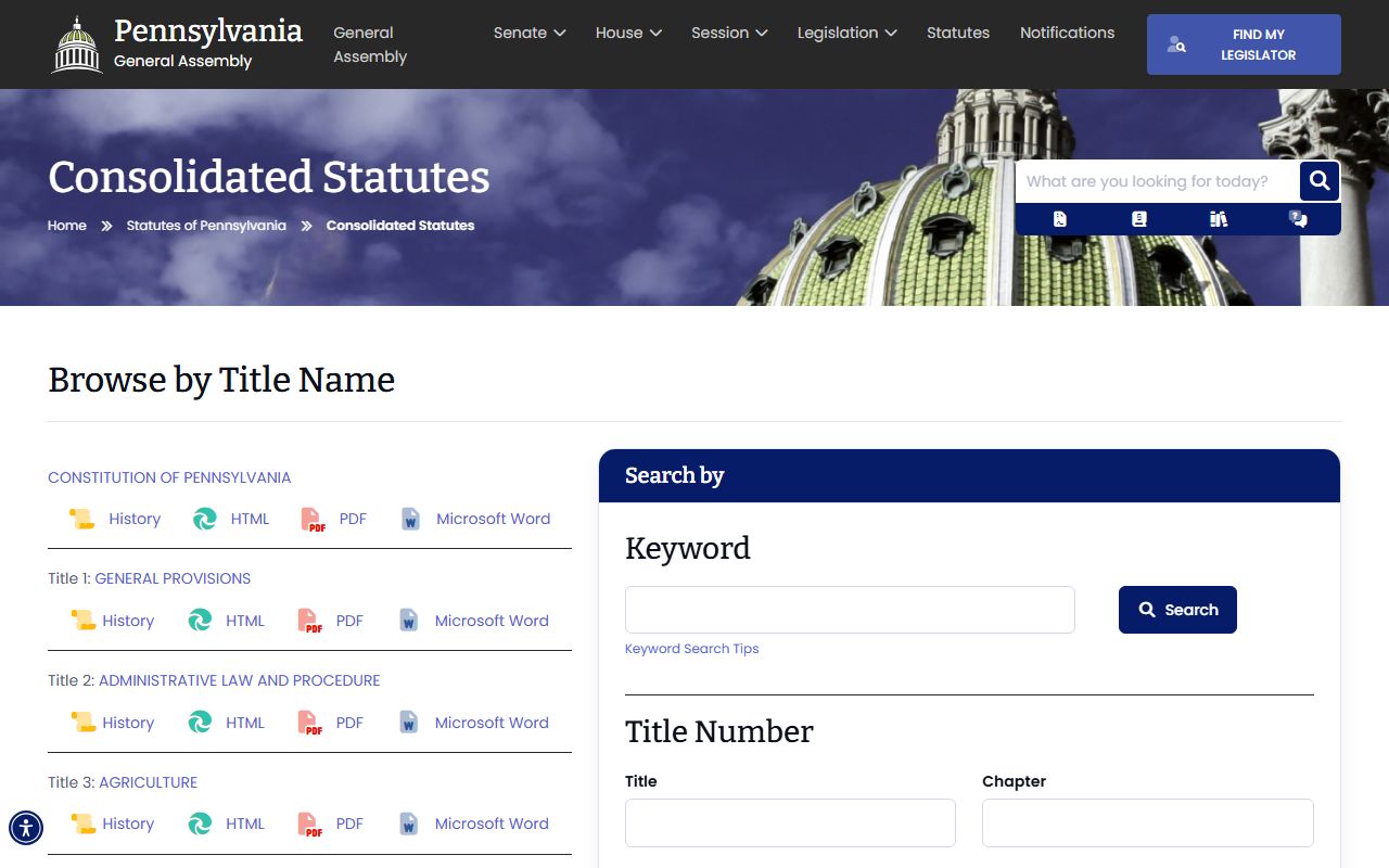 Pennsylvania General Assembly consolidated statutes page covering Pennsylvania property tax records law